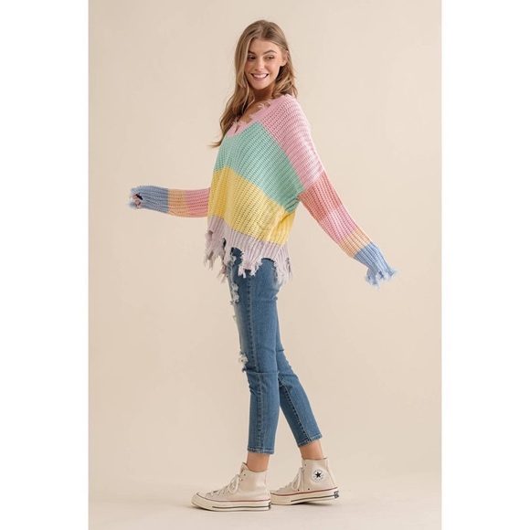 Miracle Destroyed Hem Color block V Neck Sweater sz Small Medium pink green blue - Picture 13 of 14